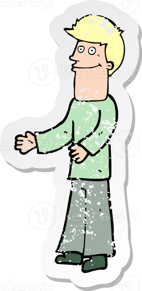 retro distressed sticker of a cartoon man shrugging shoulders drawing png