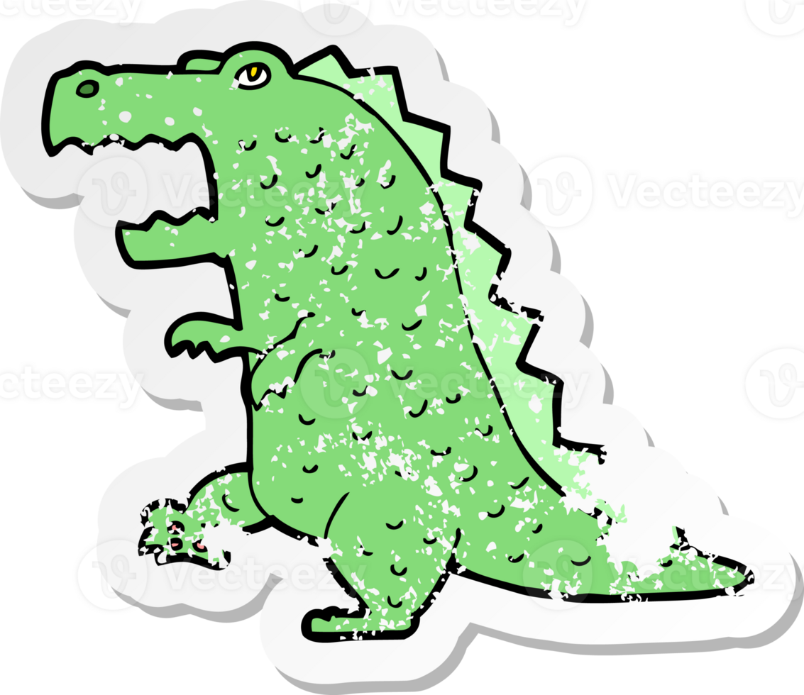 retro distressed sticker of a cartoon dinosaur drawing png