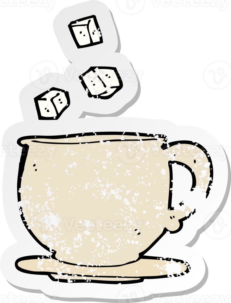 retro distressed sticker of a cartoon teacup with sugar cubes drawing png