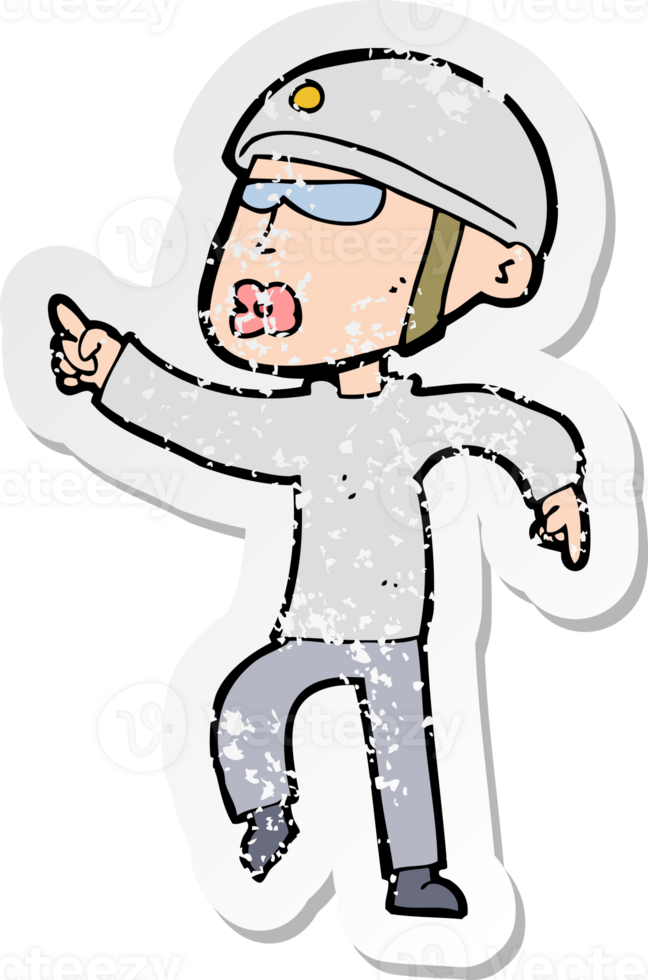 retro distressed sticker of a cartoon man in bike helmet pointing drawing png