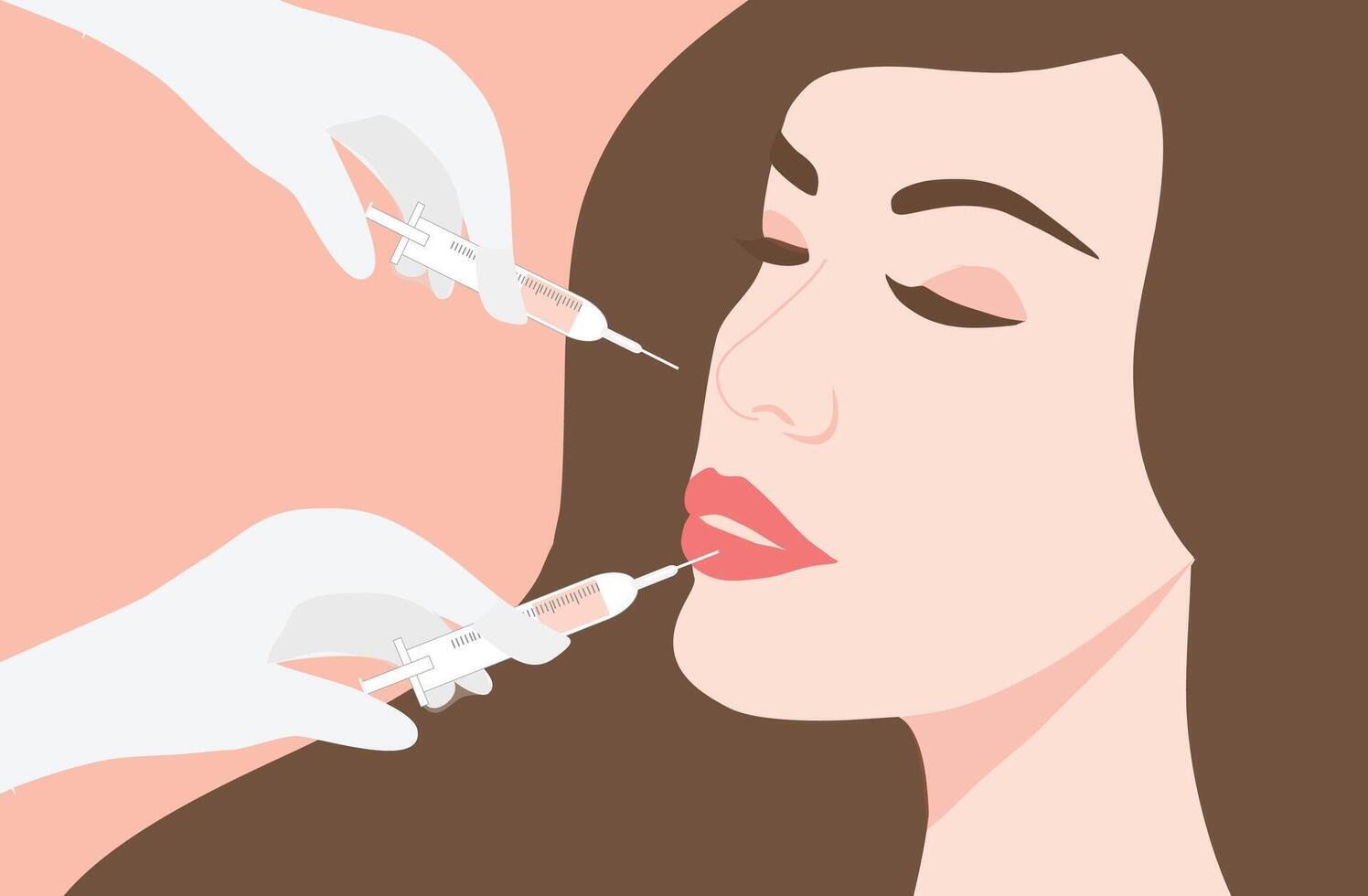 Doctor in medical gloves with serum syringe injects filler to eye of woman illustration. Plastic, aesthetic cosmetology beauty treatment concept vector