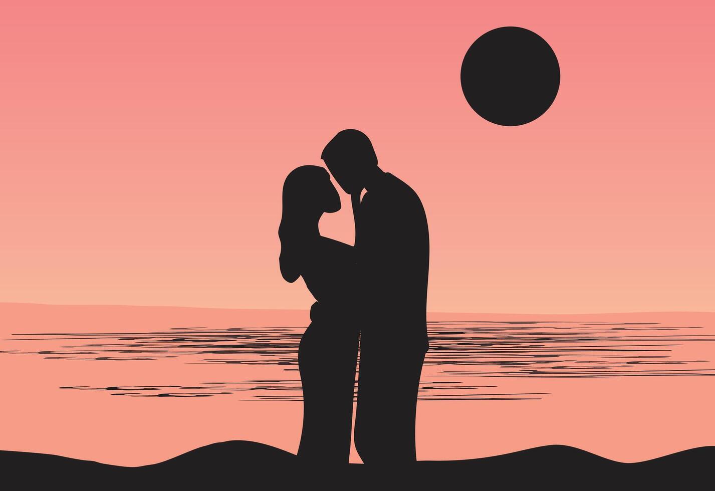 Silhouette of loving couple holding hands on sunset beach background illustration. Happy valentine's day concept vector