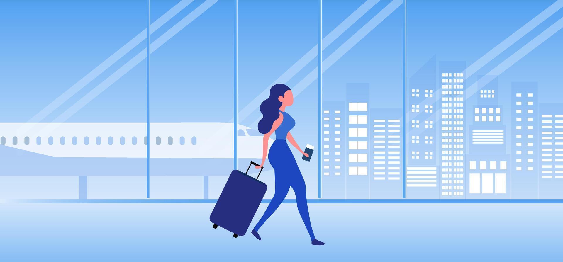 Travel aboard concept, Woman with travelling bag walking at the airport illustration. vector