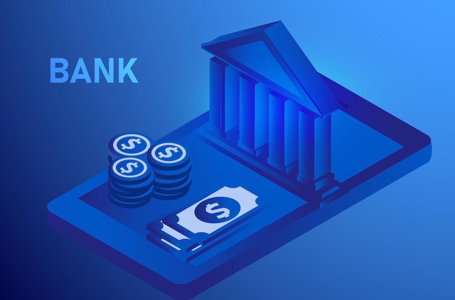 Bank building, bank financing, money exchange, financial services, ATM vector
