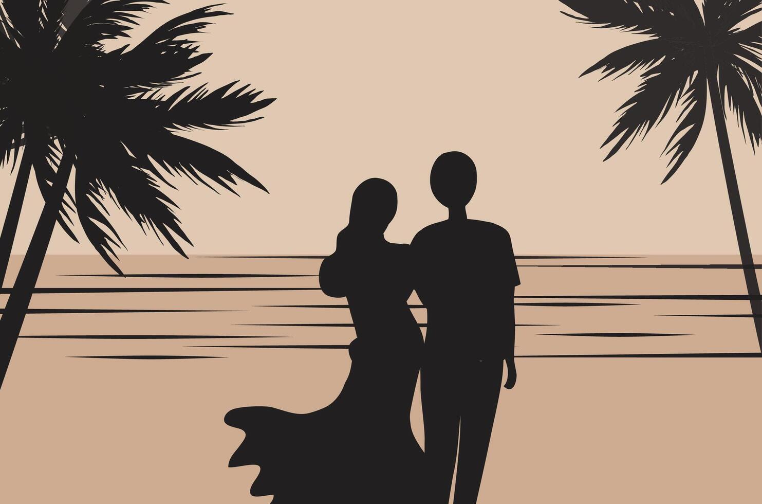 Silhouette of loving couple holding hands on sunset beach background illustration. Happy valentine's day concept vector
