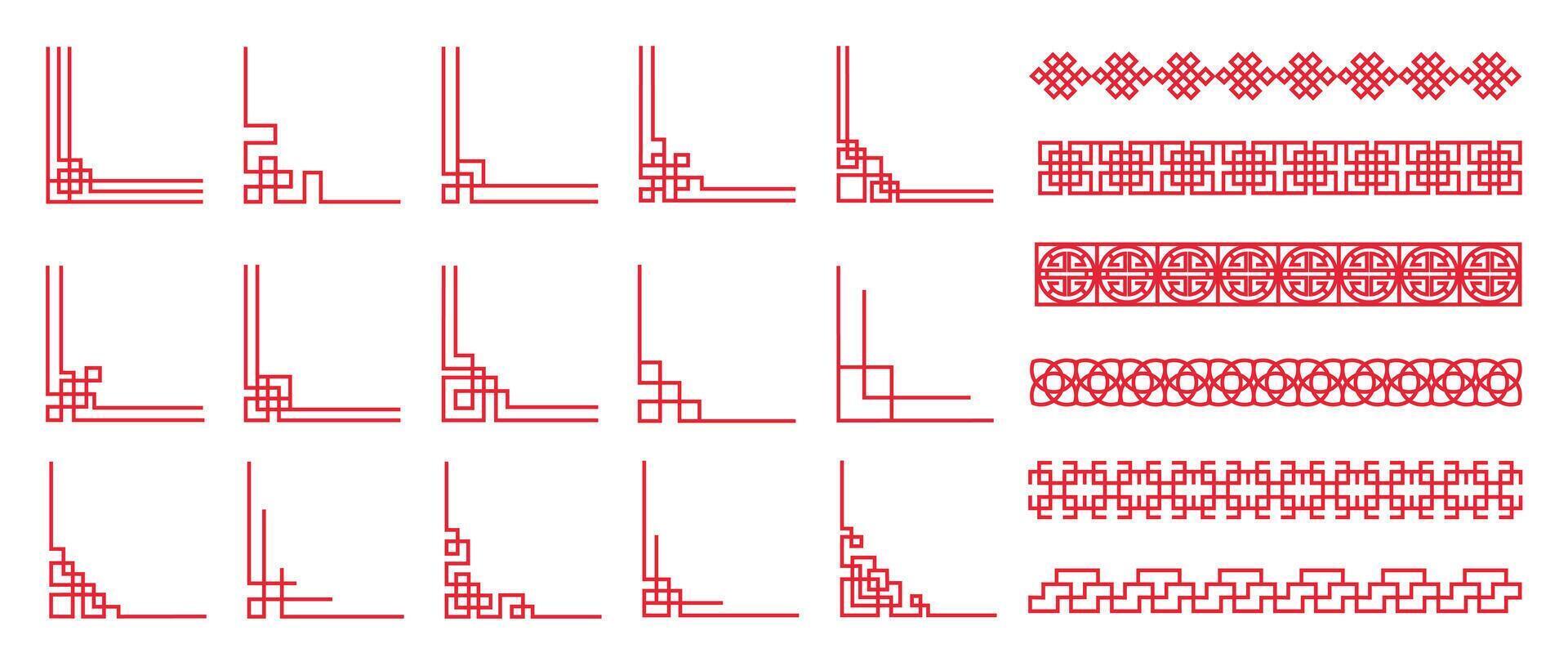 Chinese frame corner ornament set. Traditional decorative elements with line, corner, frame, header, pattern. Illustration of elegant design suitable for card, invitation, poster, cover. vector