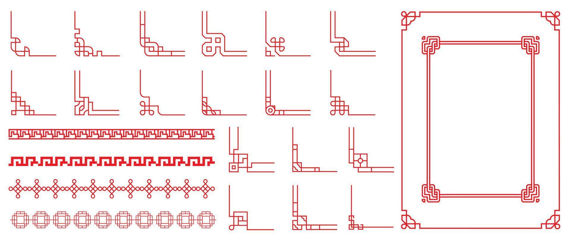 Chinese frame corner ornament set. Traditional decorative elements with line, corner, frame, header, pattern. Illustration of elegant design suitable for card, invitation, poster, cover. vector