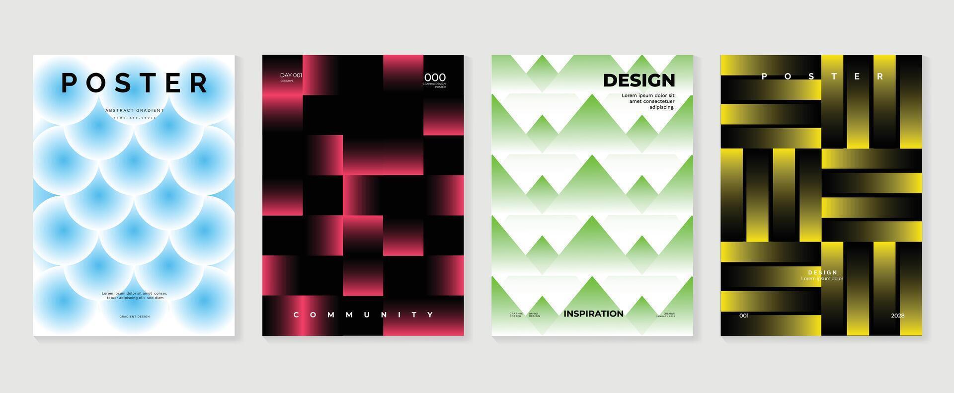 Abstract gradient poster background set. Minimalist style cover template with vibrant perspective 3d geometric prism shapes collection. Ideal design for social media, cover, banner, flyer. vector