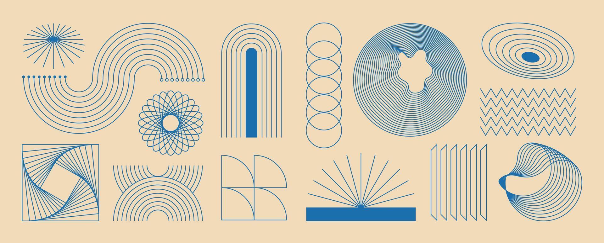 Hand drawn abstract minimal element mid century set. Aesthetic contemporary stripe line art, geometric shape in monochrome. Art form design for wall art, decoration, wallpaper. vector