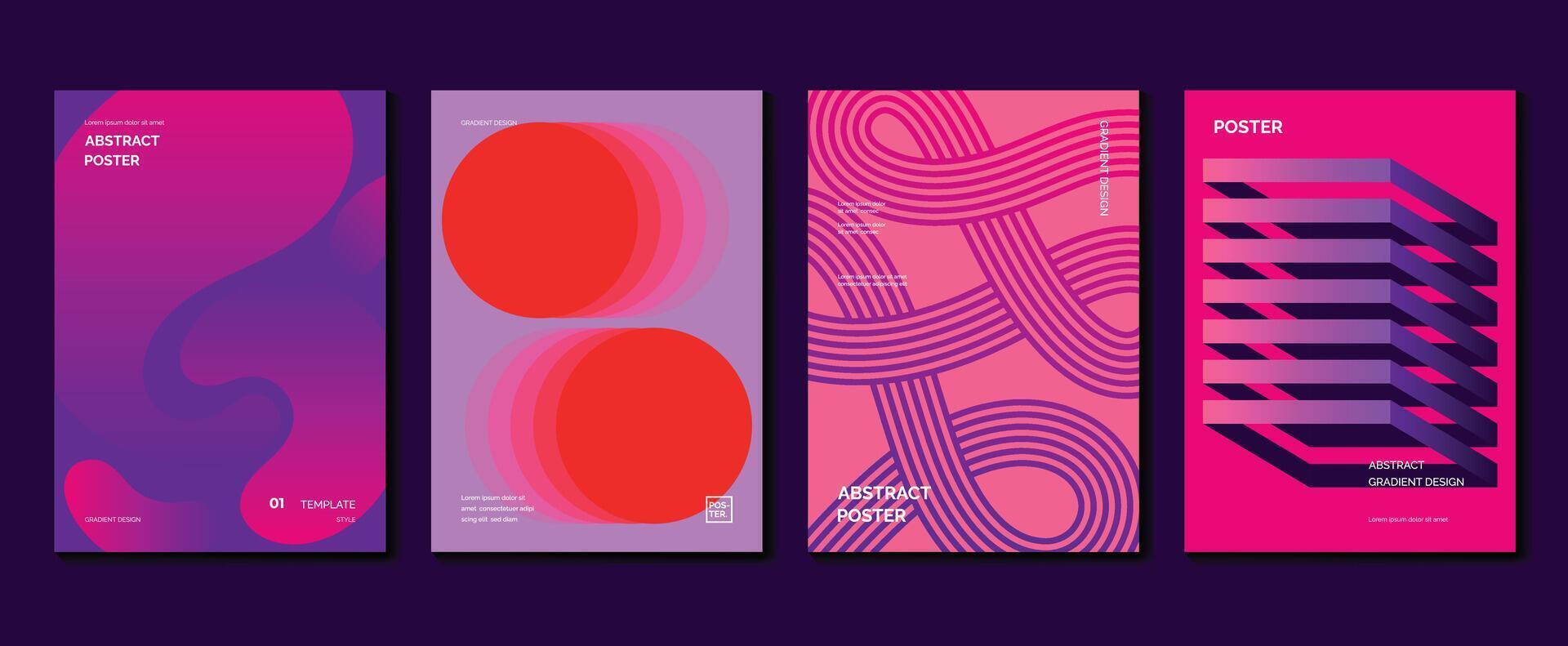 Abstract gradient poster background set. Minimalist style cover template with vibrant perspective 3d geometric prism shapes collection. Ideal design for social media, cover, banner, flyer. vector