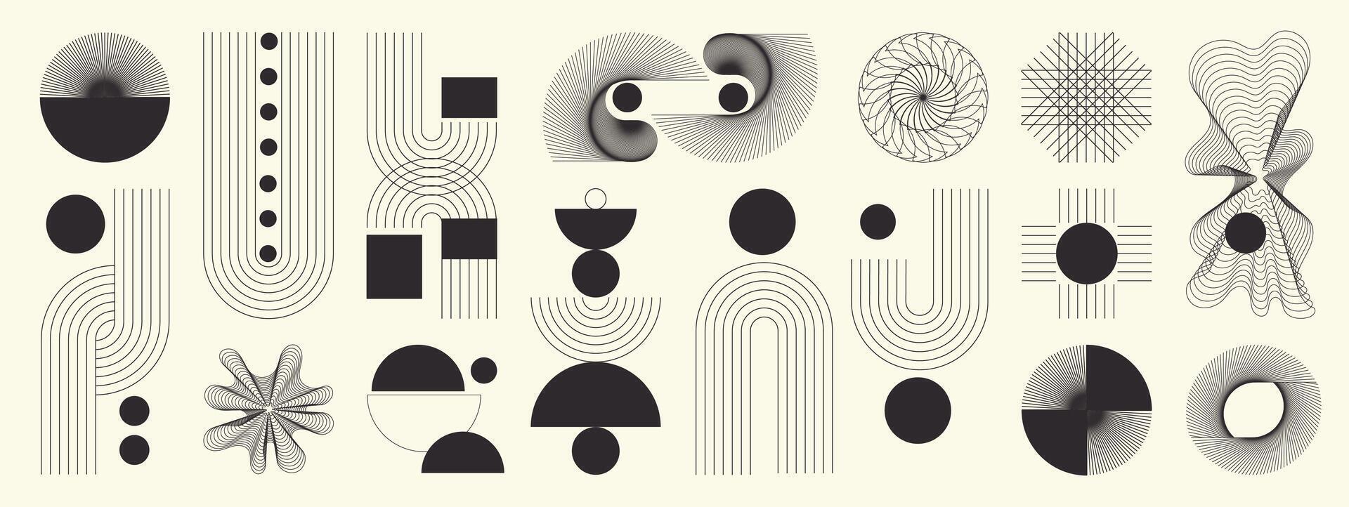Hand drawn abstract minimal element mid century set. Aesthetic contemporary stripe line art, geometric shape in monochrome. Art form design for wall art, decoration, wallpaper. vector