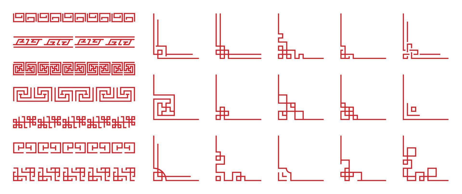 Chinese frame corner ornament set. Traditional decorative elements with line, corner, frame, header, pattern. Illustration of elegant design suitable for card, invitation, poster, cover. vector