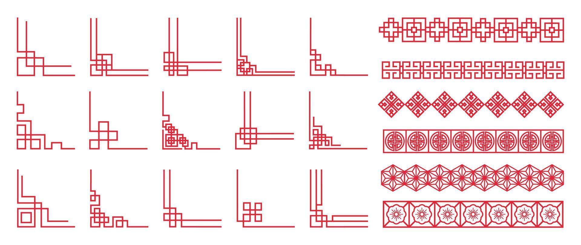 Chinese frame corner ornament set. Traditional decorative elements with line, corner, frame, header, pattern. Illustration of elegant design suitable for card, invitation, poster, cover. vector