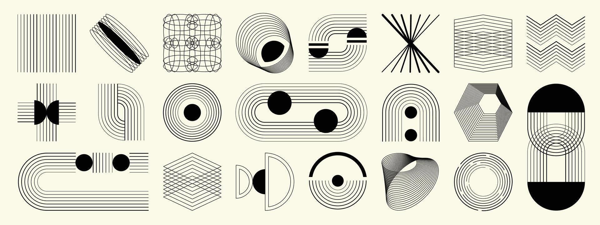 Hand drawn abstract minimal element mid century set. Aesthetic contemporary stripe line art, geometric shape in monochrome. Art form design for wall art, decoration, wallpaper. vector