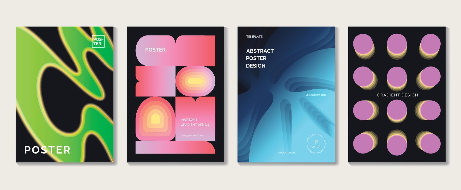 Abstract gradient poster background set. Minimalist style cover template with vibrant perspective 3d geometric prism shapes collection. Ideal design for social media, cover, banner, flyer. vector