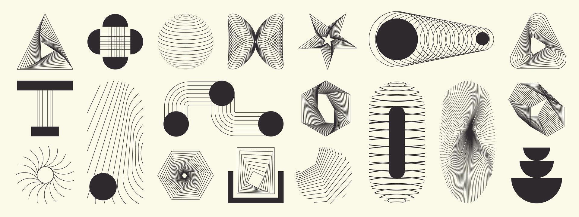 Hand drawn abstract minimal element mid century set. Aesthetic contemporary stripe line art, geometric shape in monochrome. Art form design for wall art, decoration, wallpaper. vector