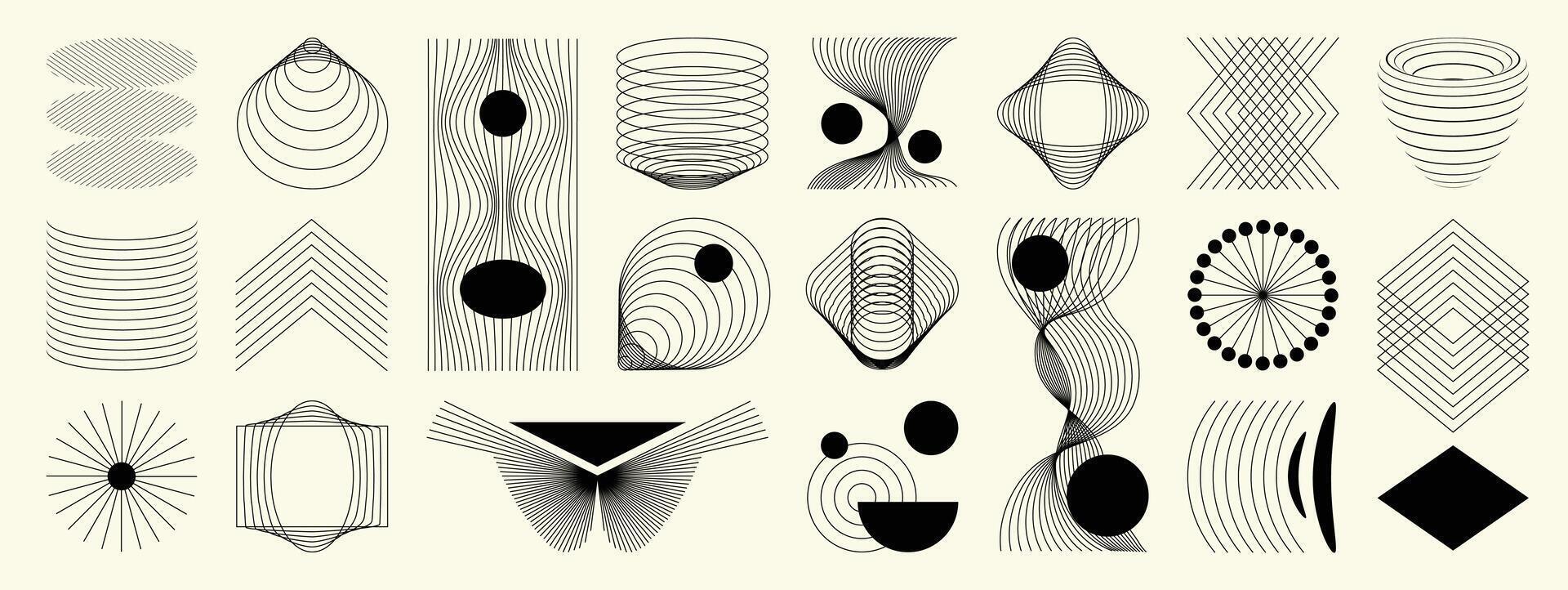 Hand drawn abstract minimal element mid century set. Aesthetic contemporary stripe line art, geometric shape in monochrome. Art form design for wall art, decoration, wallpaper. vector