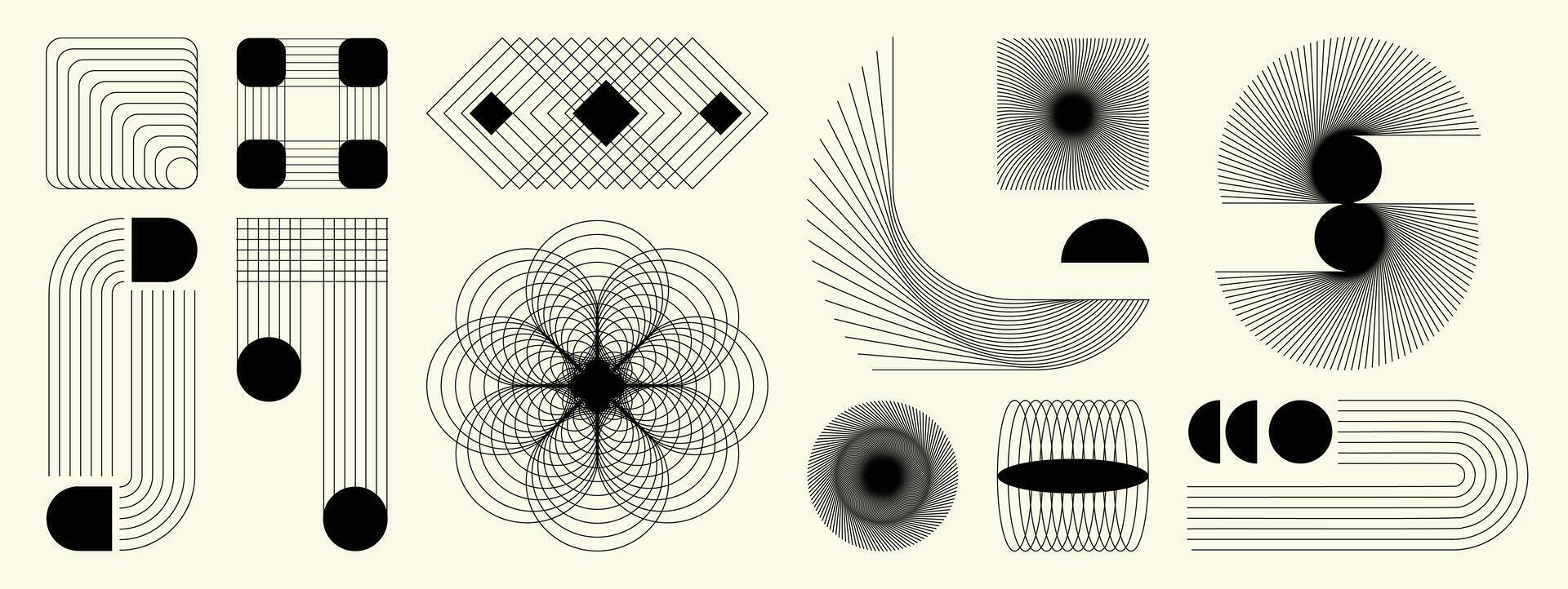 Hand drawn abstract minimal element mid century set. Aesthetic contemporary stripe line art, geometric shape in monochrome. Art form design for wall art, decoration, wallpaper. vector