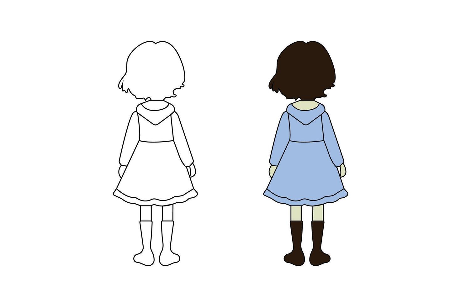 Little girl standing back side view outline isolated on white background. vector