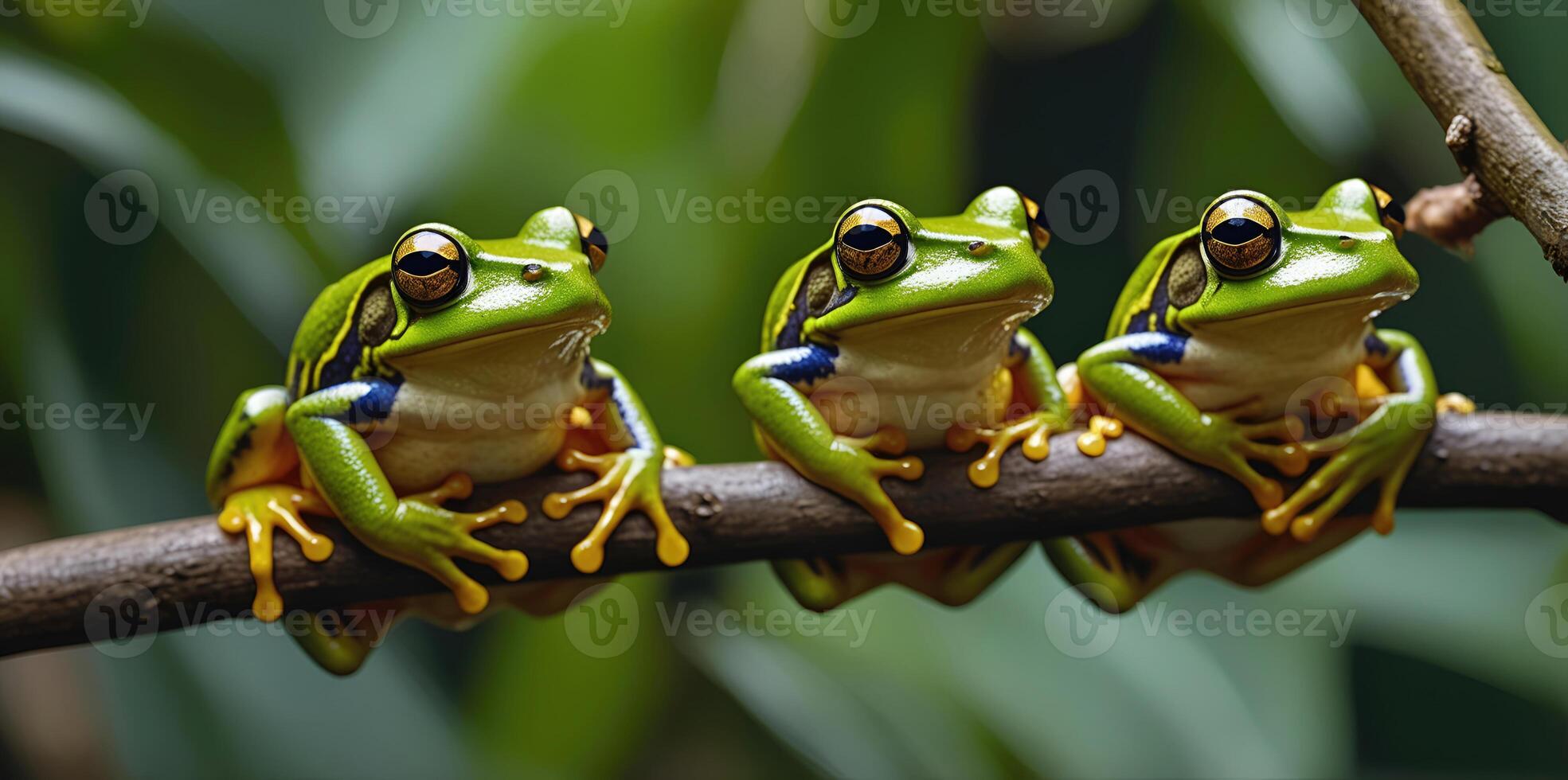wildlife of frogs perched on rocks and trees in the forest photo