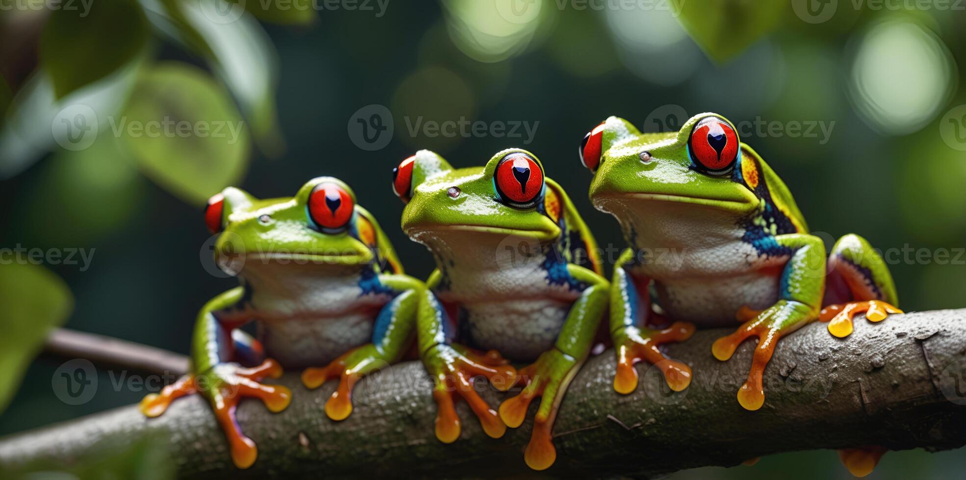 wildlife of frogs perched on rocks and trees in the forest photo