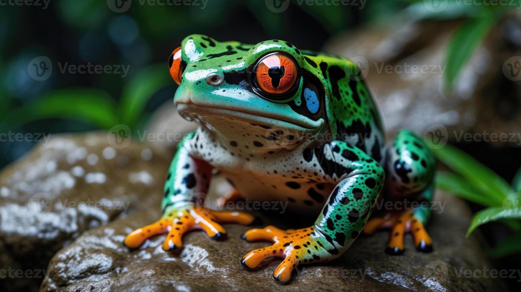 wildlife of frogs perched on rocks and trees in the forest photo