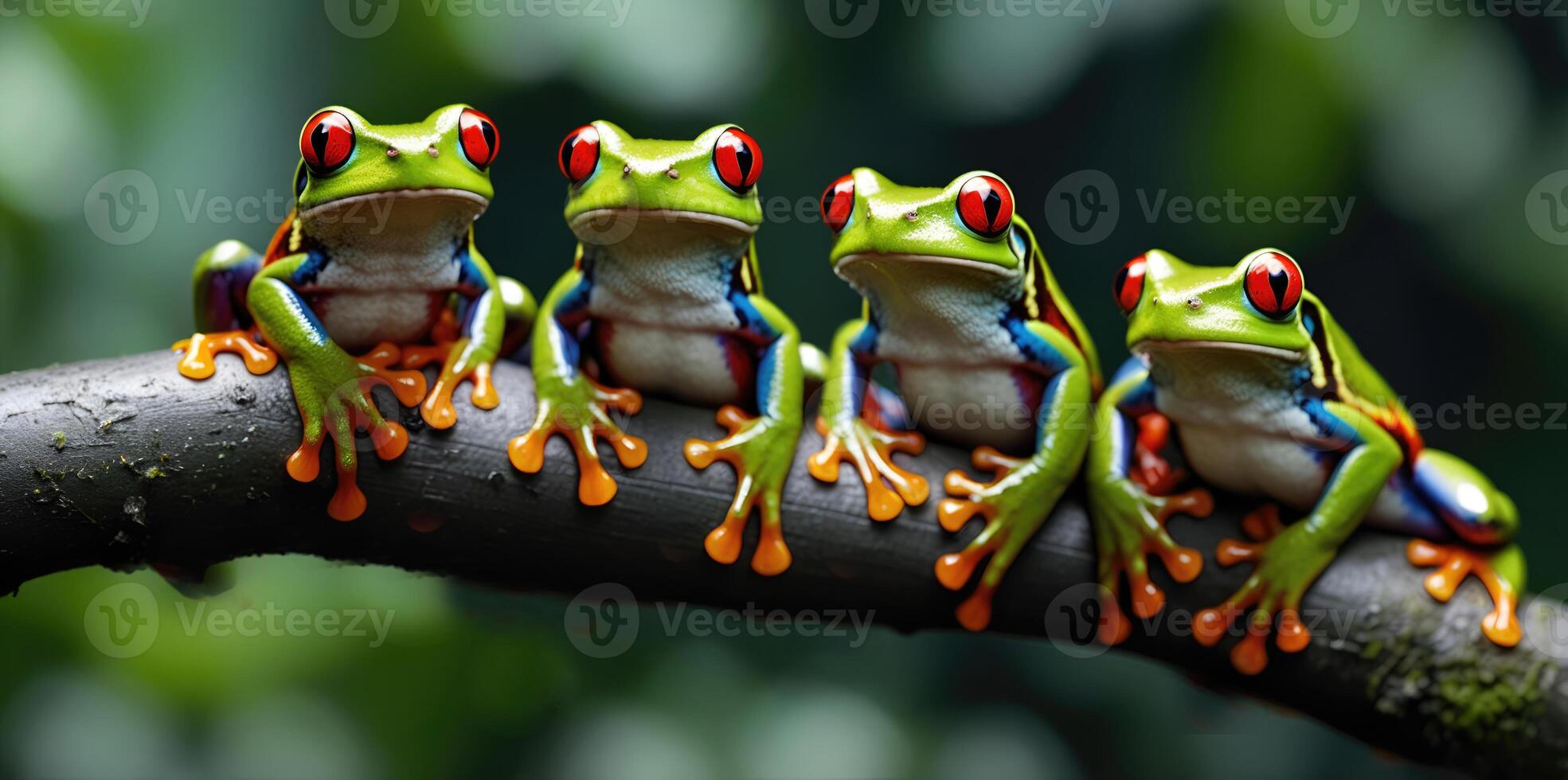 wildlife of frogs perched on rocks and trees in the forest photo