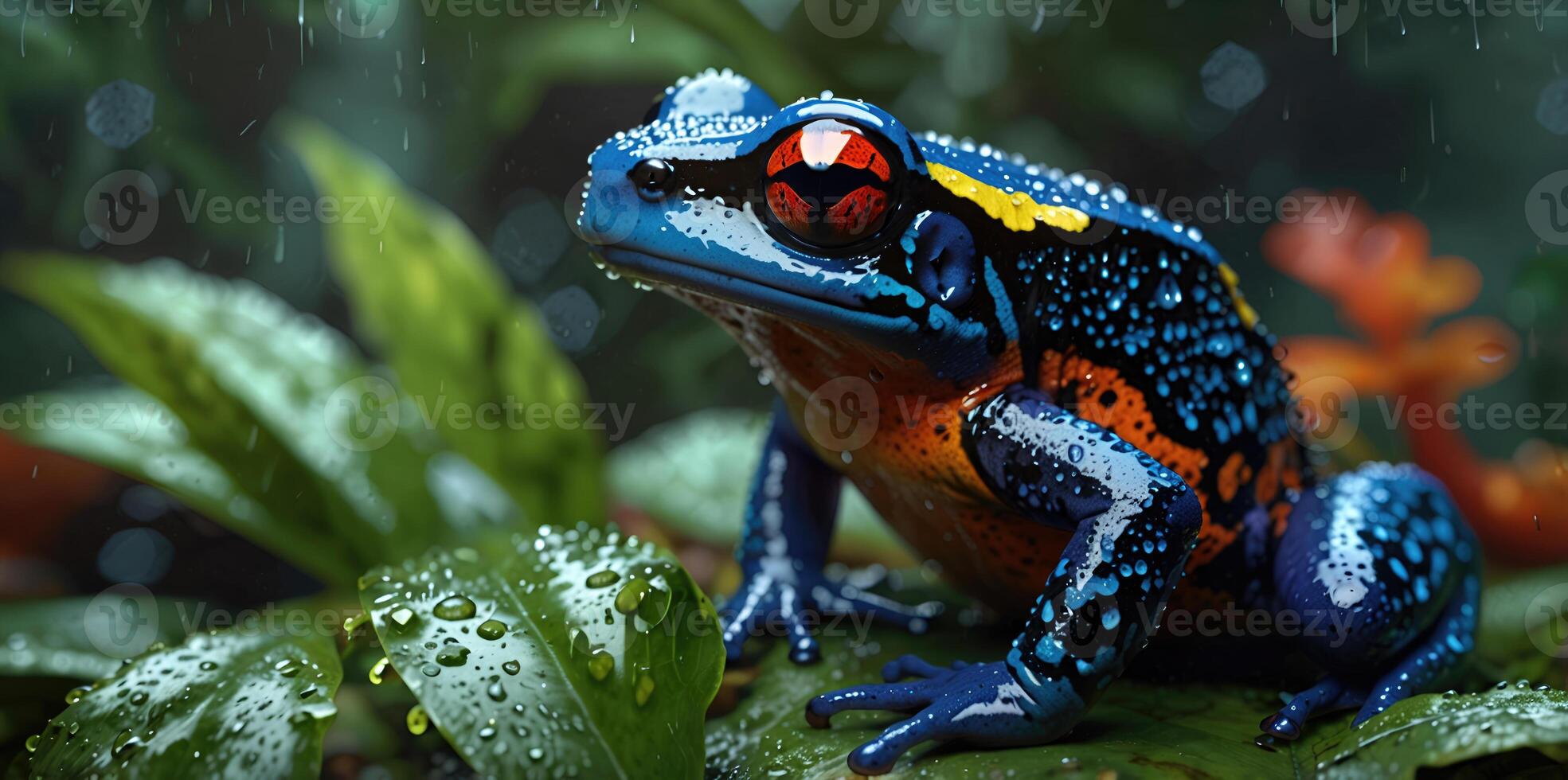 wildlife of frogs perched on rocks and trees in the forest photo