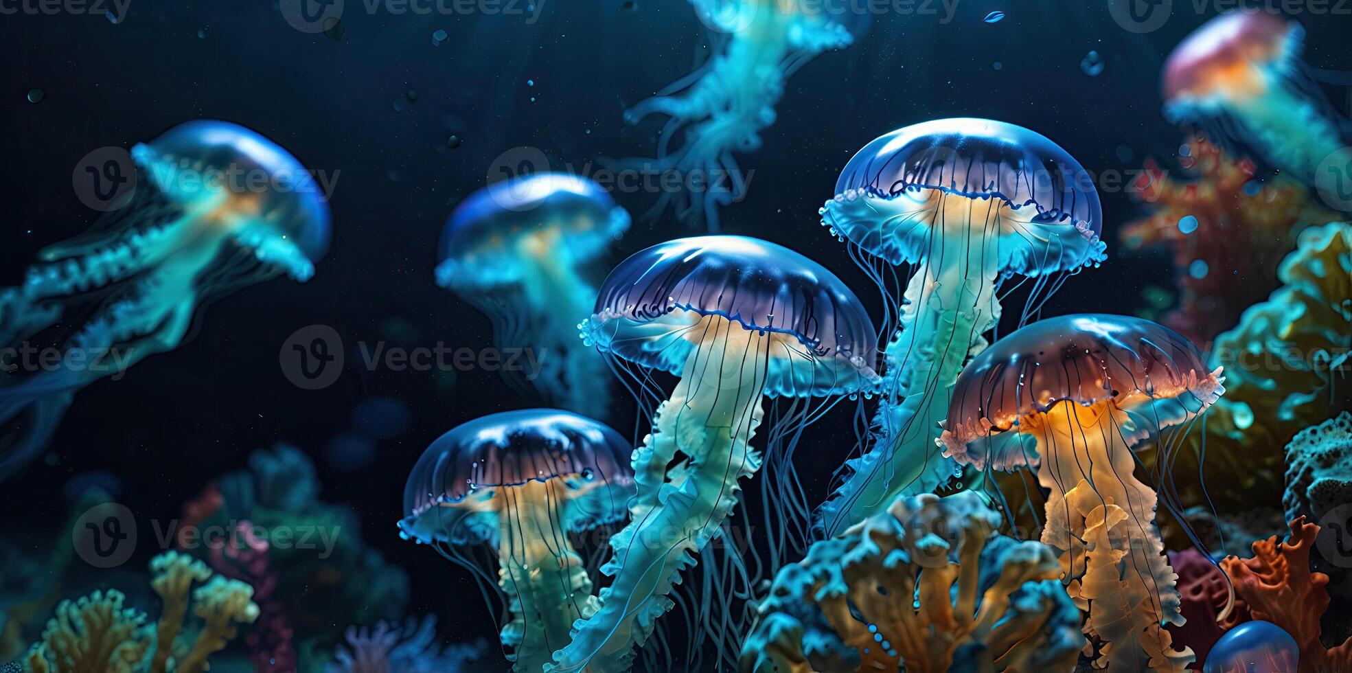 glow vibrant jellyfish swim in the underwater photo