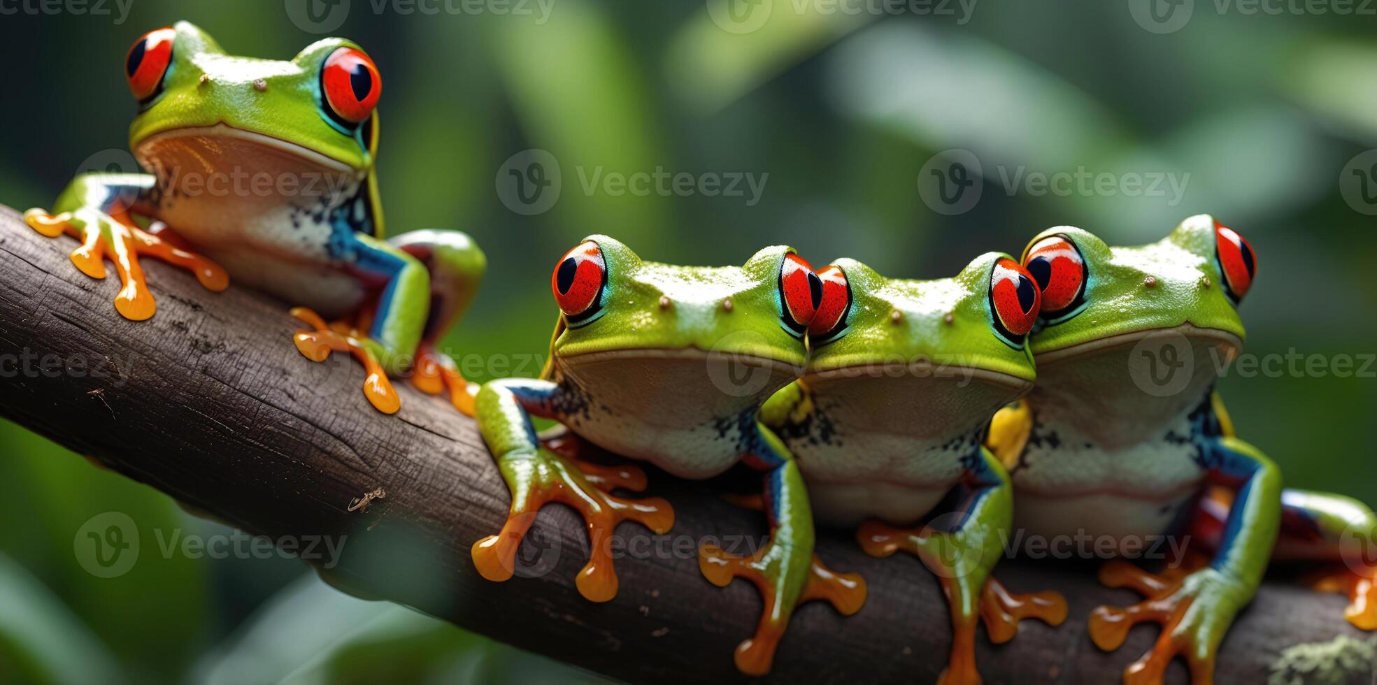 wildlife of frogs perched on rocks and trees in the forest photo