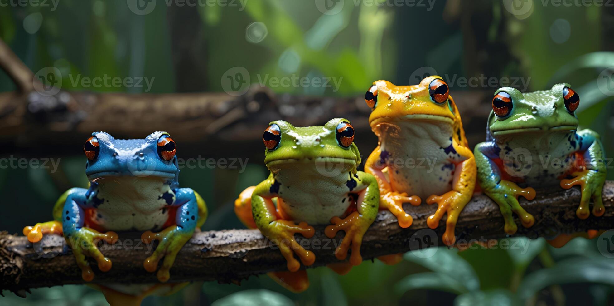 wildlife of frogs perched on rocks and trees in the forest photo