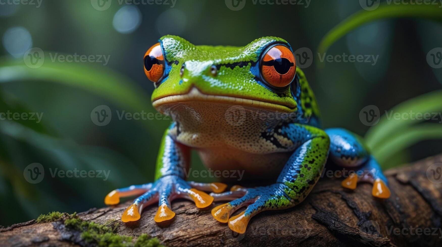 wildlife of frogs perched on rocks and trees in the forest photo
