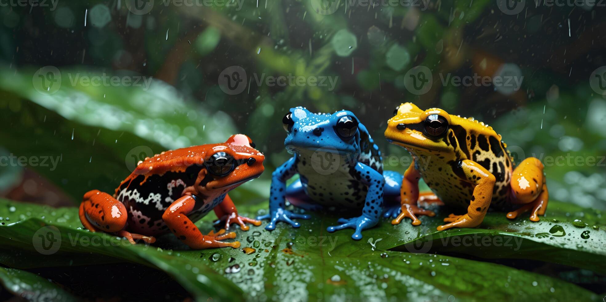 wildlife of frogs perched on rocks and trees in the forest photo