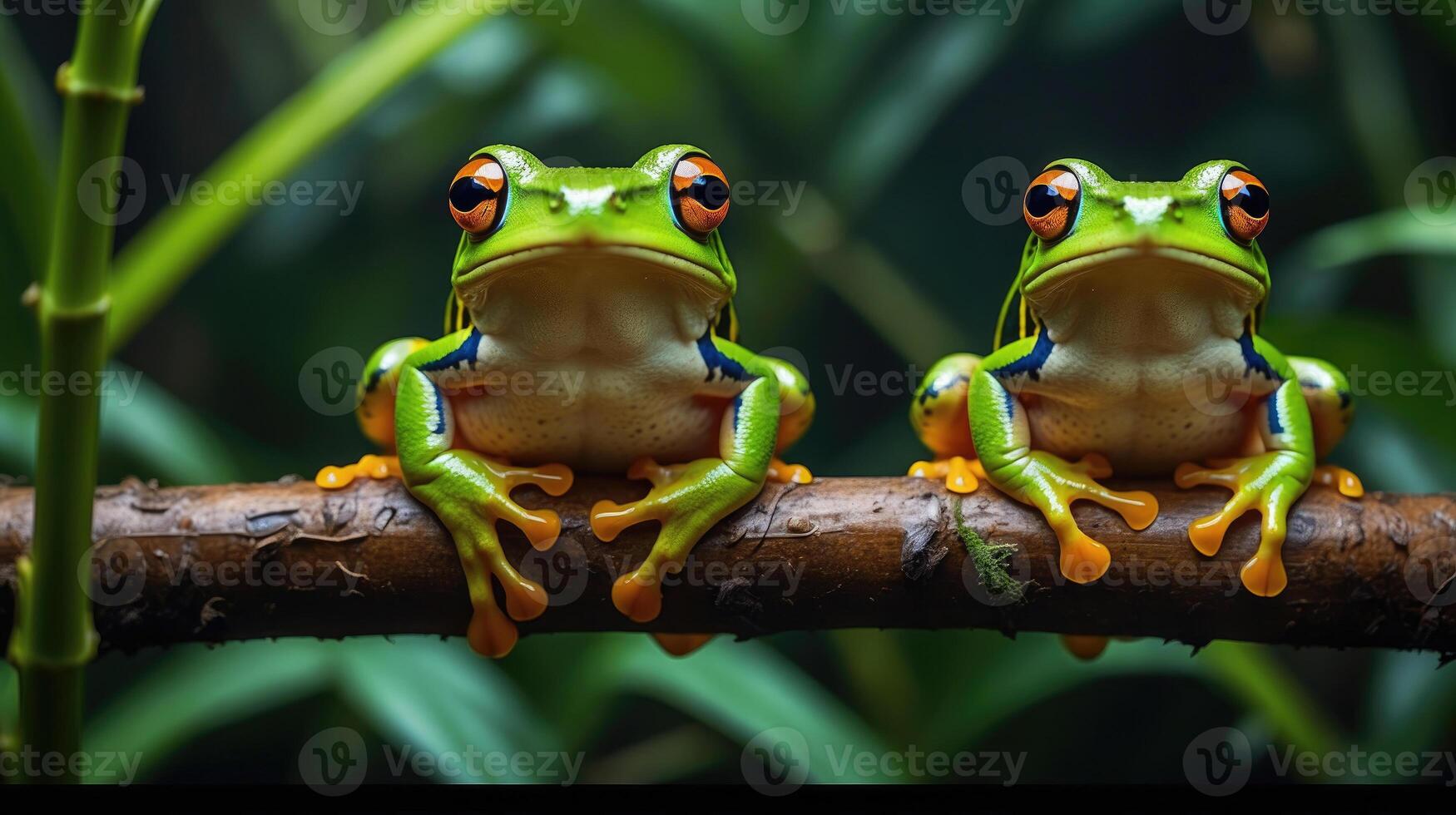 wildlife of frogs perched on rocks and trees in the forest photo