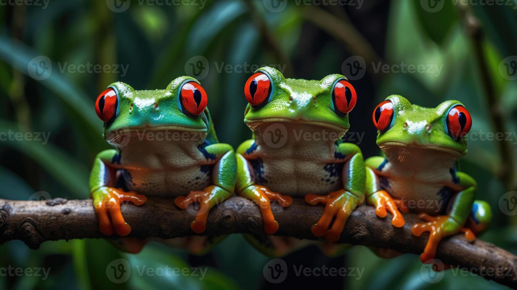 wildlife of frogs perched on rocks and trees in the forest photo