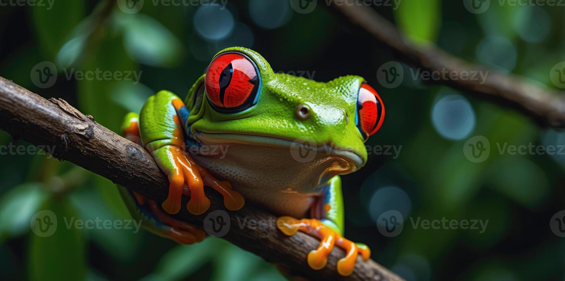 wildlife of frogs perched on rocks and trees in the forest photo