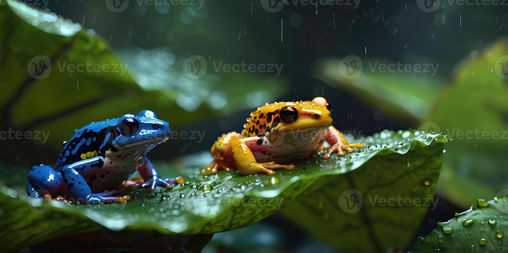 wildlife of frogs perched on rocks and trees in the forest photo