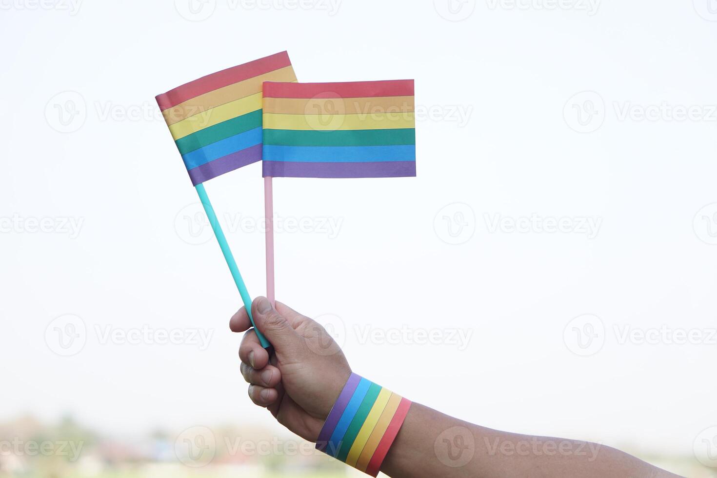 Close up hand holds rainbow colors flags. Concept, Lgbtq celebration in pride month, June. Symbol of LGBT community around the world.Support human right of gender diversity. photo