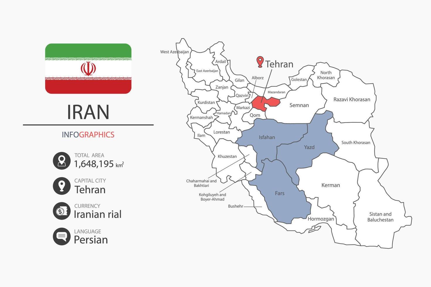 Iran map infographic elements with flag of city. Separate of heading is total areas, Currency, Language and the capital city in this country. vector