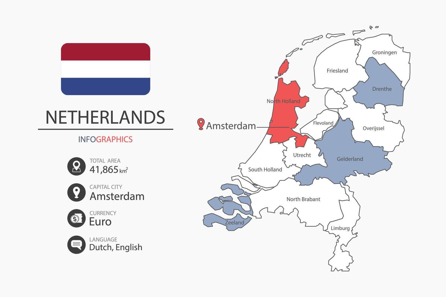 Netherlands map infographic elements with flag of city. Separate of heading is total areas, Currency, Language and the capital city in this country. vector