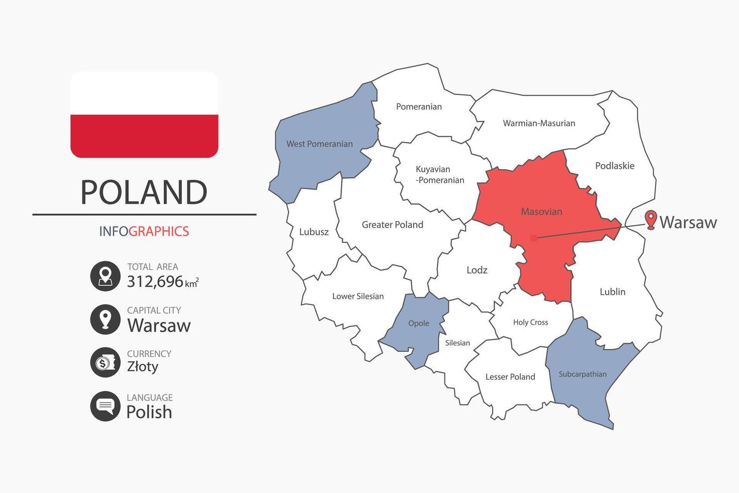 Poland map infographic elements with flag of city. Separate of heading is total areas, Currency, Language and the capital city in this country. vector