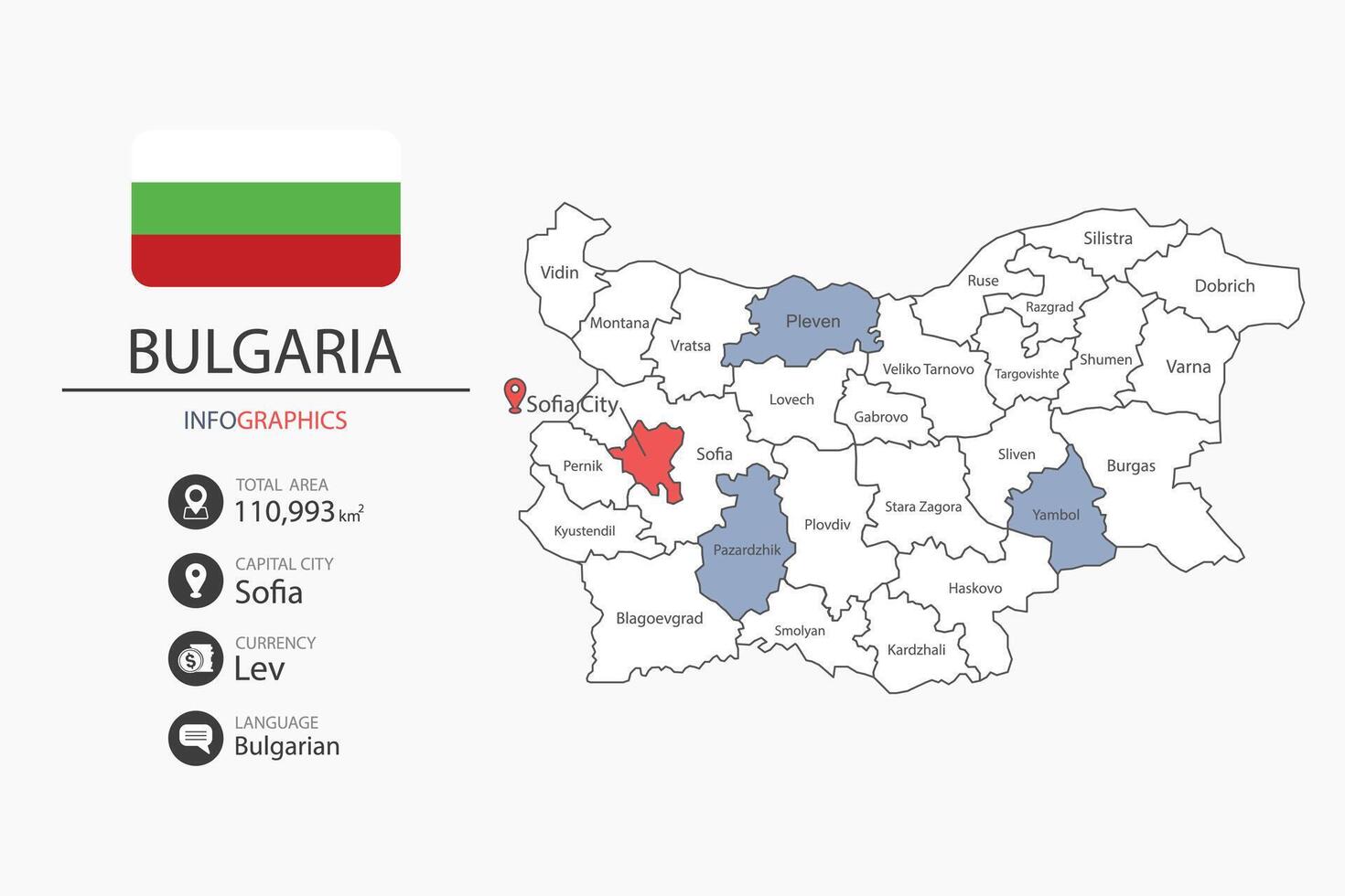 Bulgaria map infographic elements with flag of city. Separate of heading is total areas, Currency, Language and the capital city in this country. vector