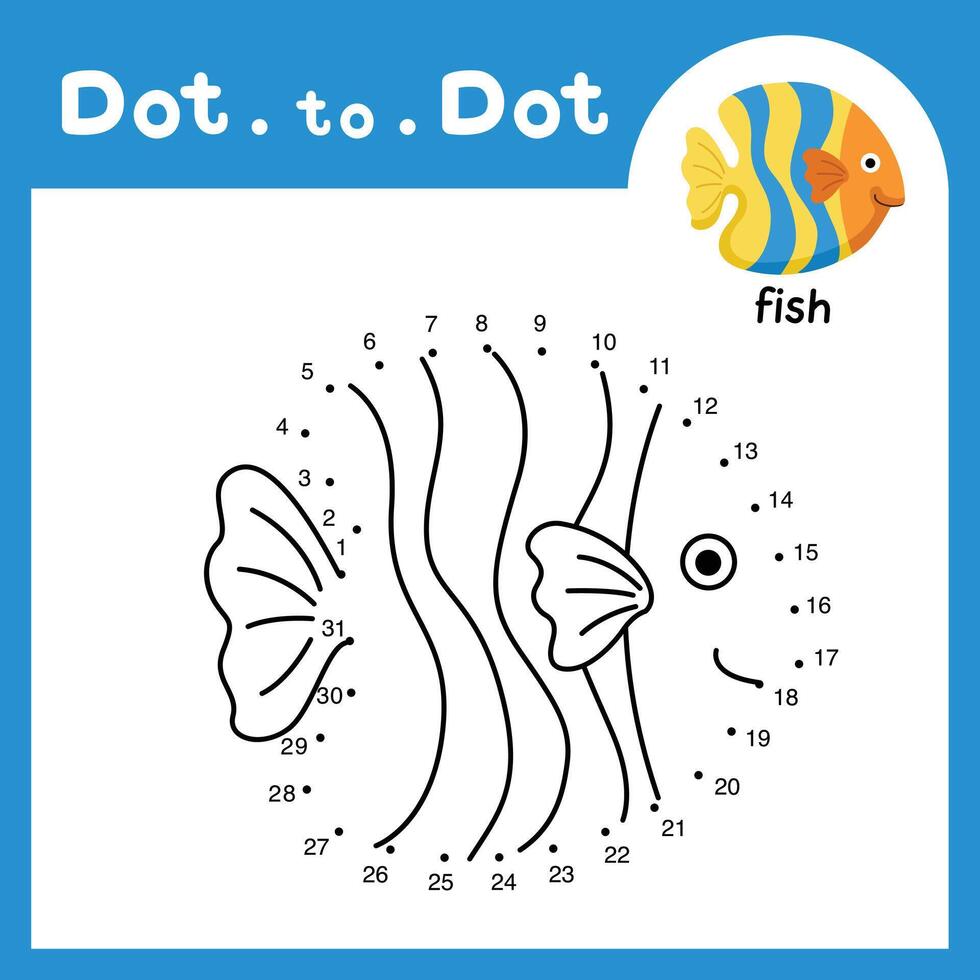 Dot to dot educational game and coloring book of fish animal cartoon for preschool kids activity about learning counting number and handwriting practice worksheet. illustration vector