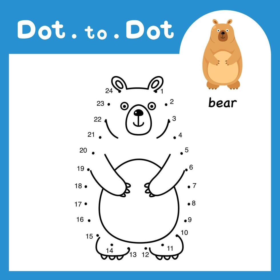 Dot to dot educational game and coloring book of bear animal cartoon for preschool kids activity about learning counting number and handwriting practice worksheet. illustration vector