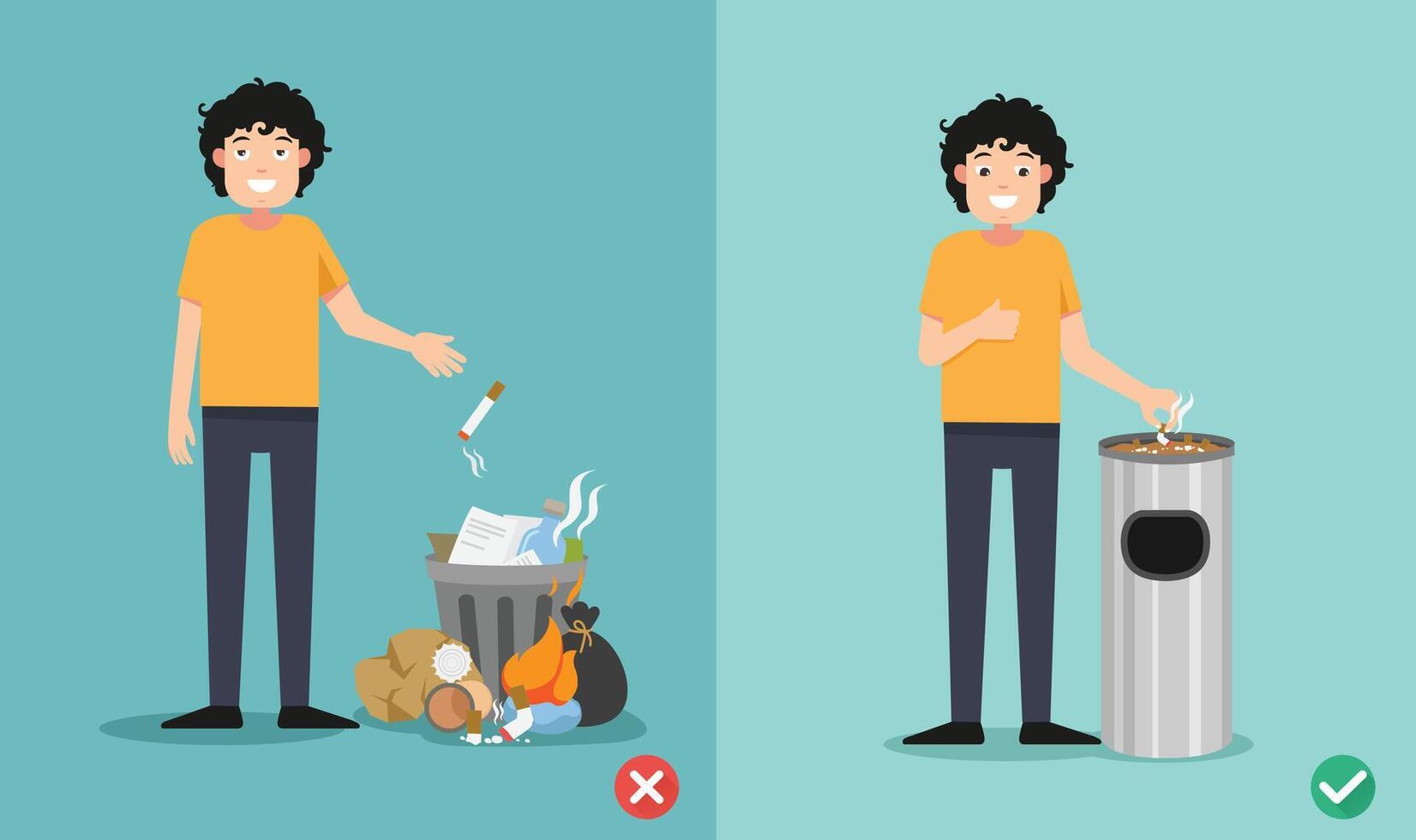 Do not throw cigarette butts on the floor,wrong and right. illustration vector