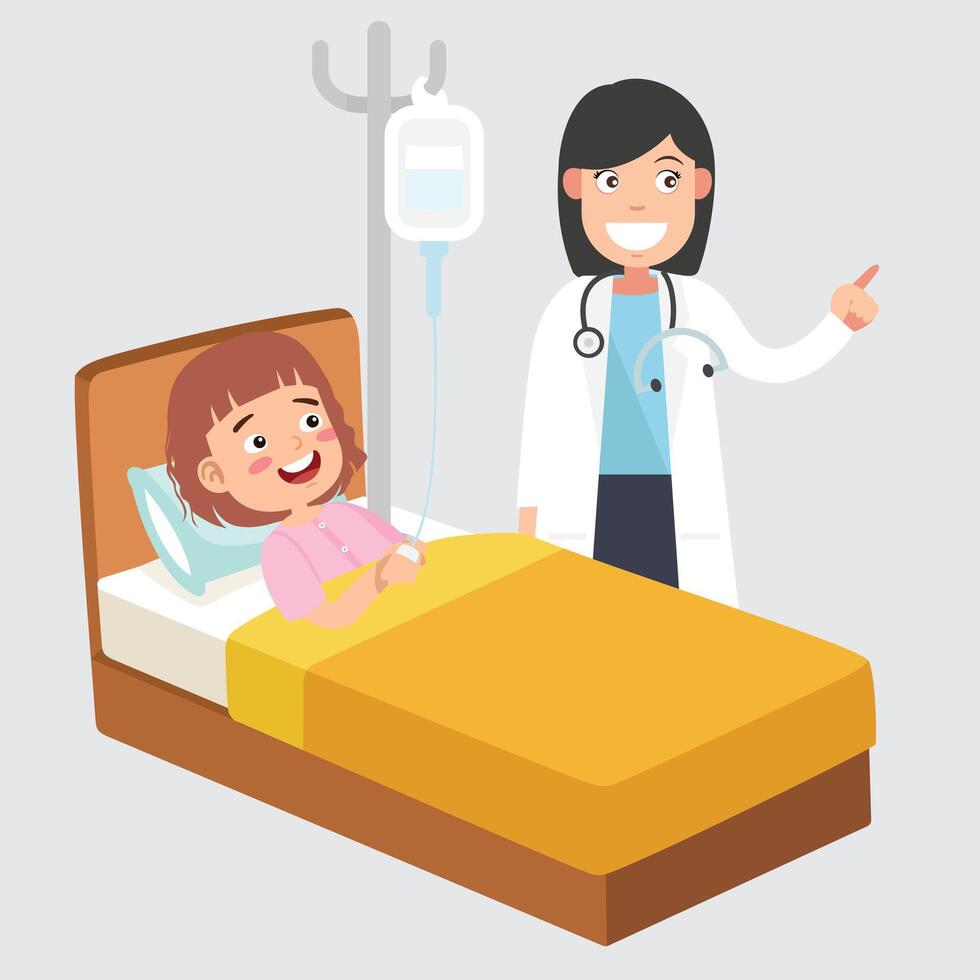 Kid lying in bed while having examination with doctor pediatrician vector