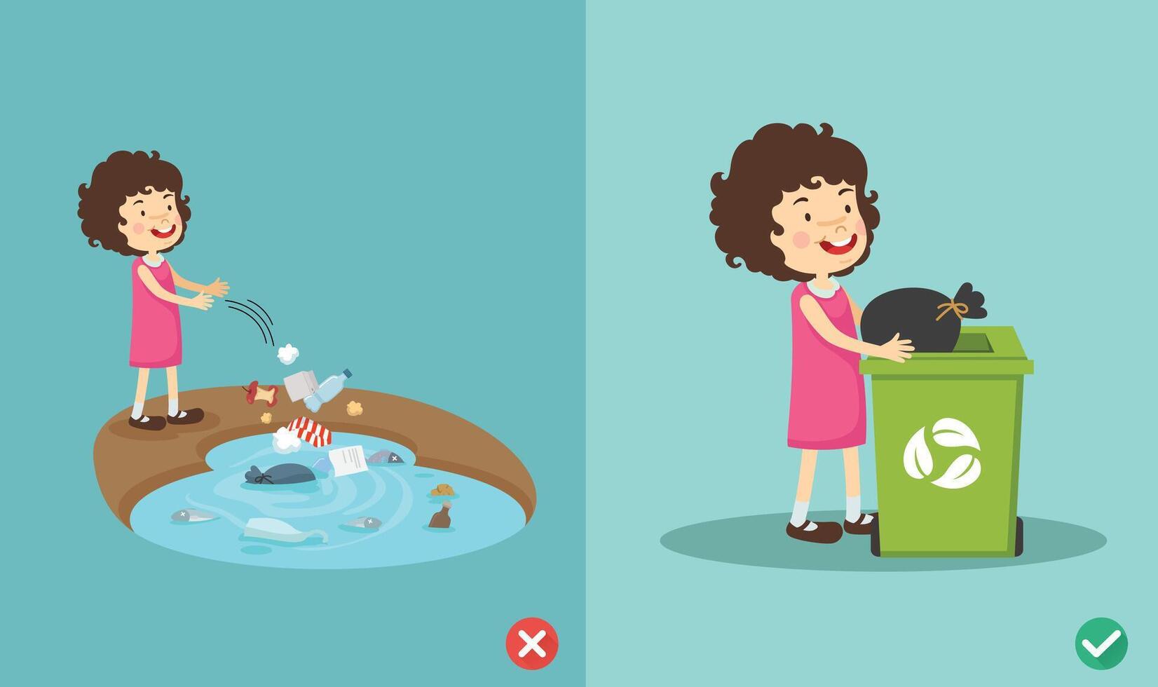 Do not throw littering on the floor.wrong and right. illustration vector