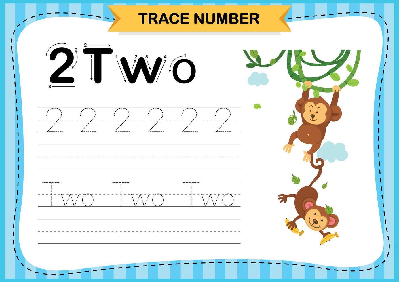 Numbers exercise with cartoon vocabulary.Trace number design for learning handwriting illustration vector