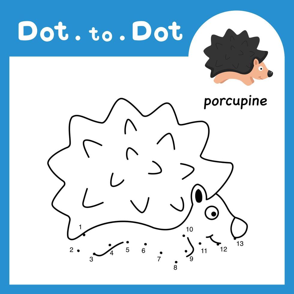 Dot to dot educational game and coloring book of porcupine animal cartoon for preschool kids activity about learning counting number and handwriting practice worksheet. illustration vector