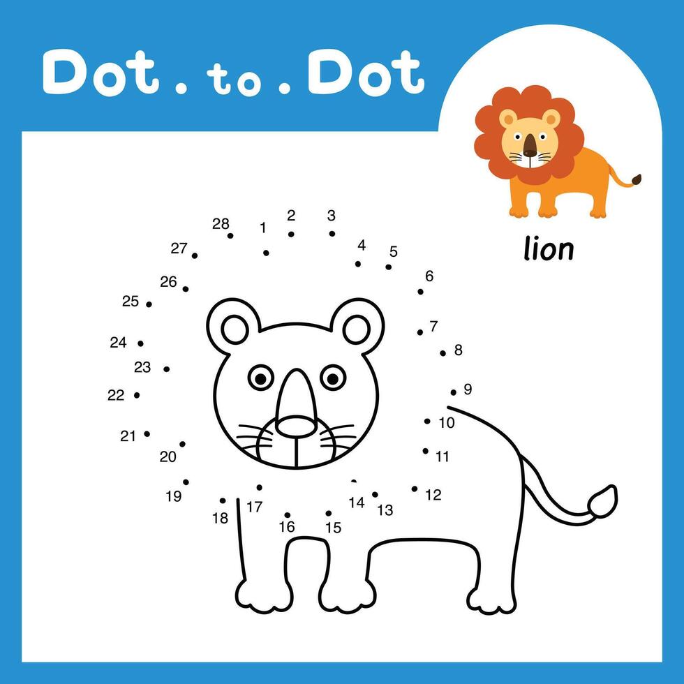 Dot to dot educational game and coloring book of lion animal cartoon for preschool kids activity about learning counting number and handwriting practice worksheet. illustration vector